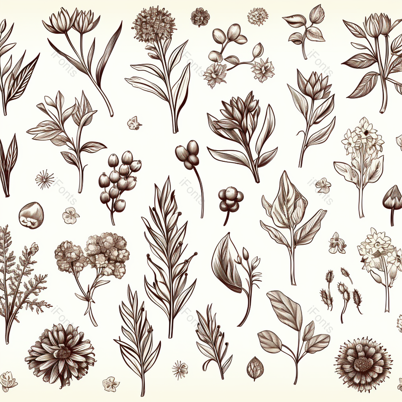 药草和植物图象无缝牛毒树籽或水果红丁柳树和跳或阿洛有机亚替克或甘油和天然dandelion和熏衣草药植物图示标无缝象,插画/手绘图,插画/手绘图库,插画/手绘图下载,插画/手绘